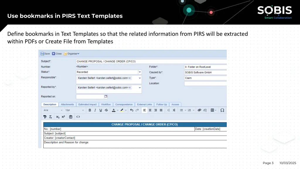 use bookmarks in pirs text templates