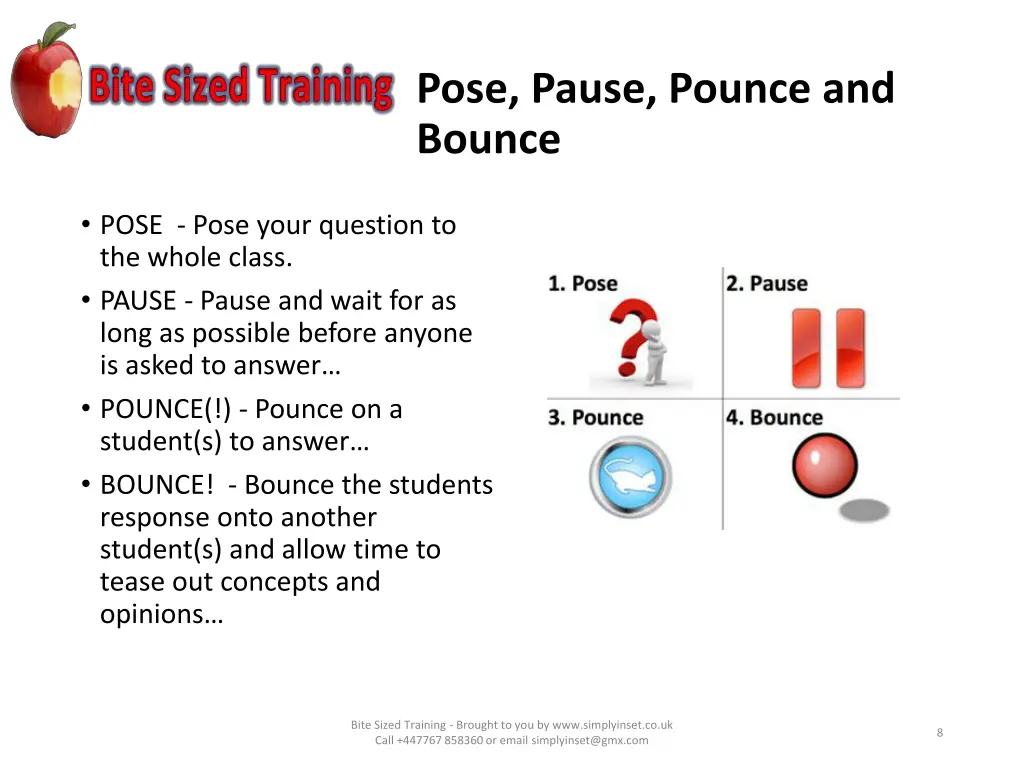 pose pause pounce and bounce
