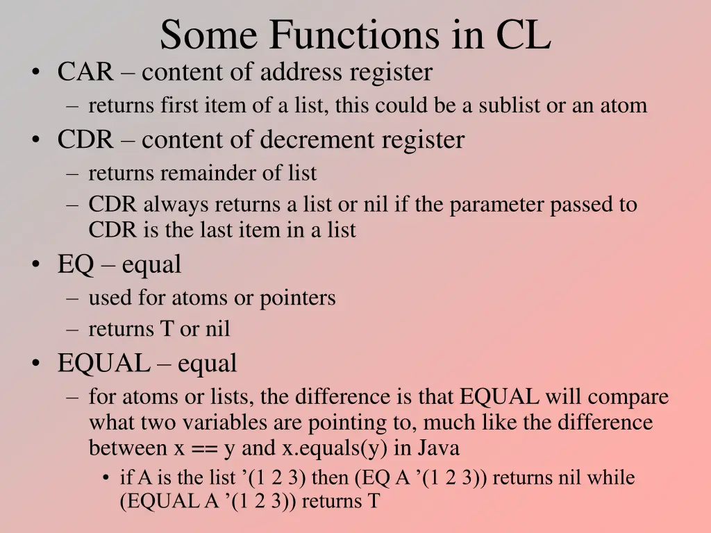some functions in cl car content of address