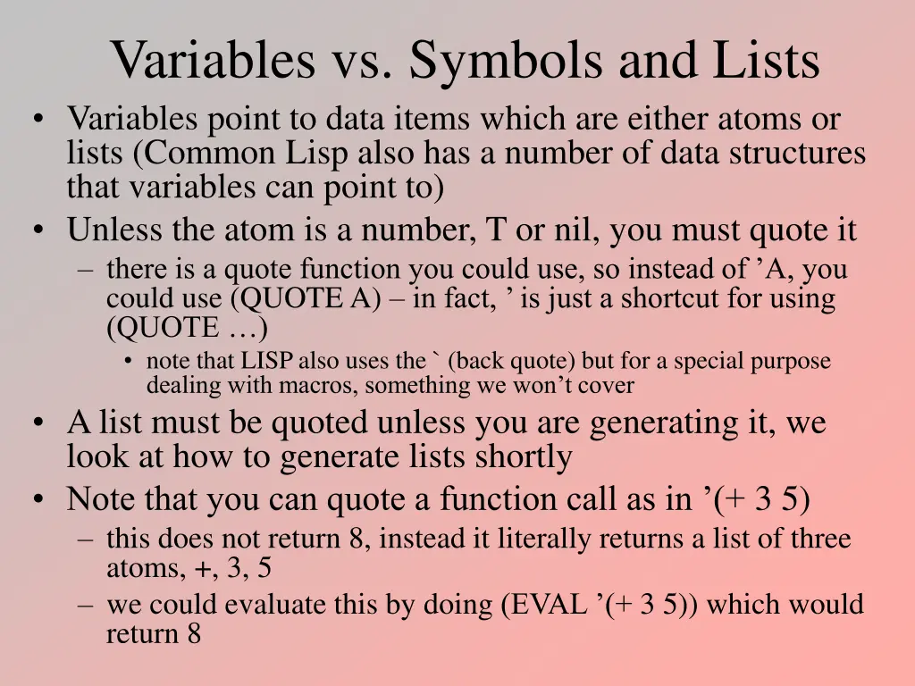 variables vs symbols and lists variables point