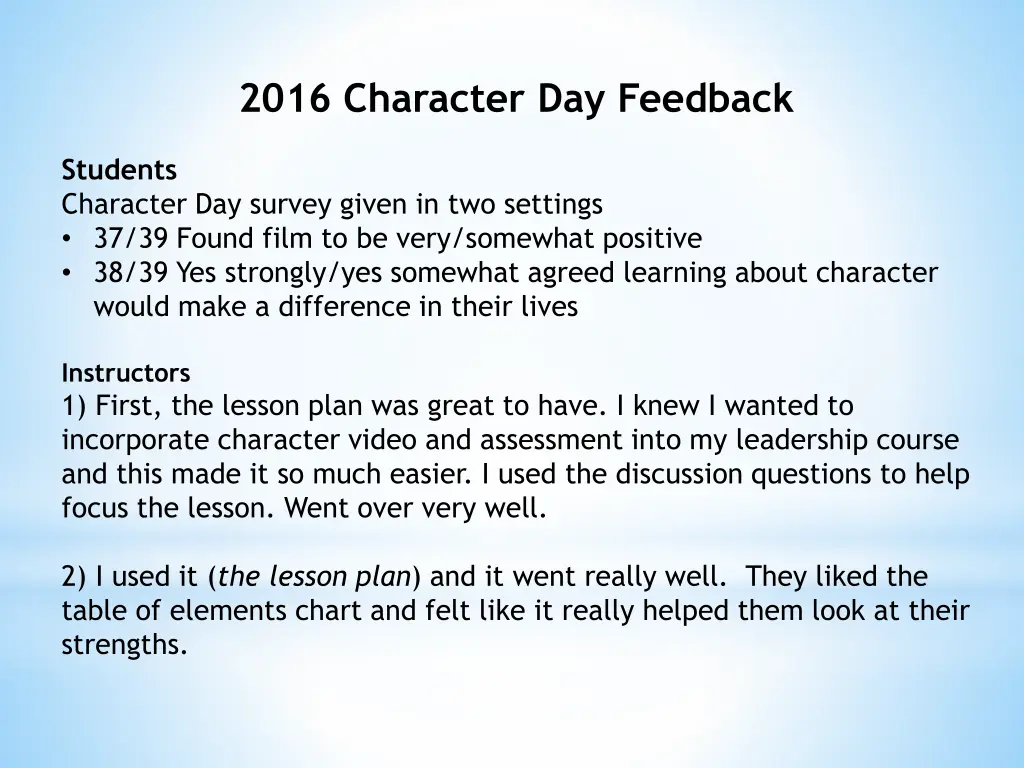 2016 character day feedback