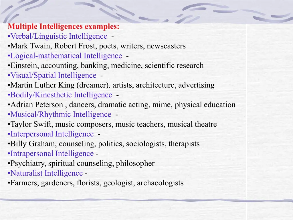 multiple intelligences examples verbal linguistic