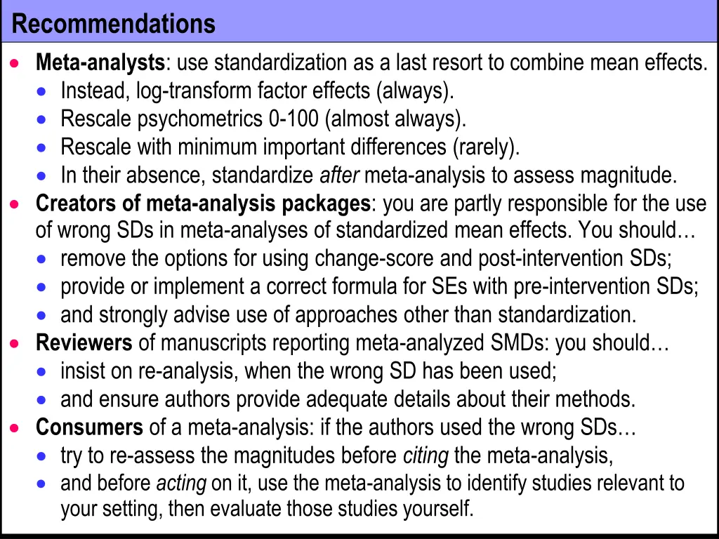 recommendations meta analysts use standardization