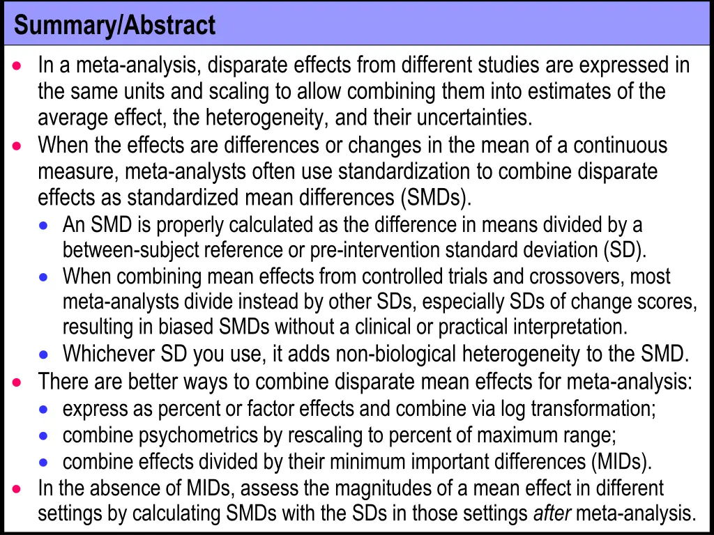 summary abstract in a meta analysis disparate