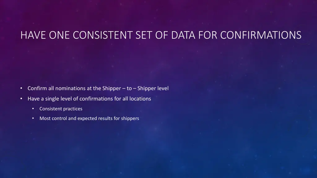 have one consistent set of data for confirmations
