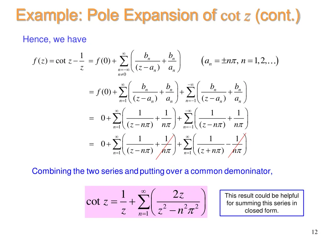 example pole expansion of cot z cont 4