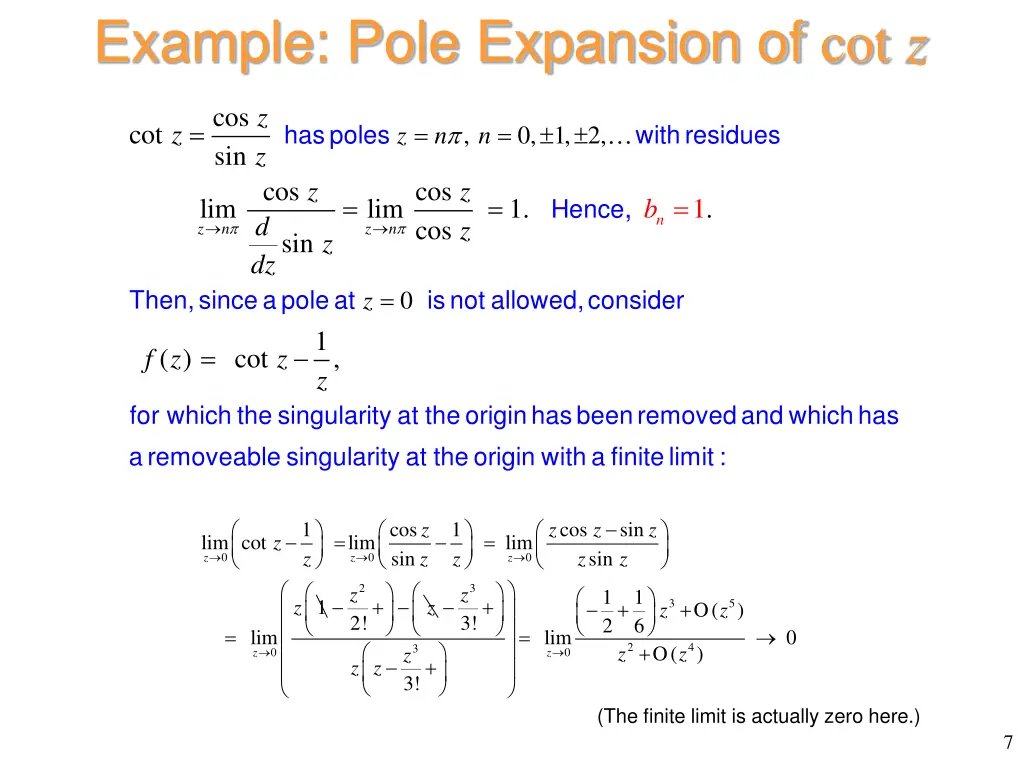example pole expansion of cot z