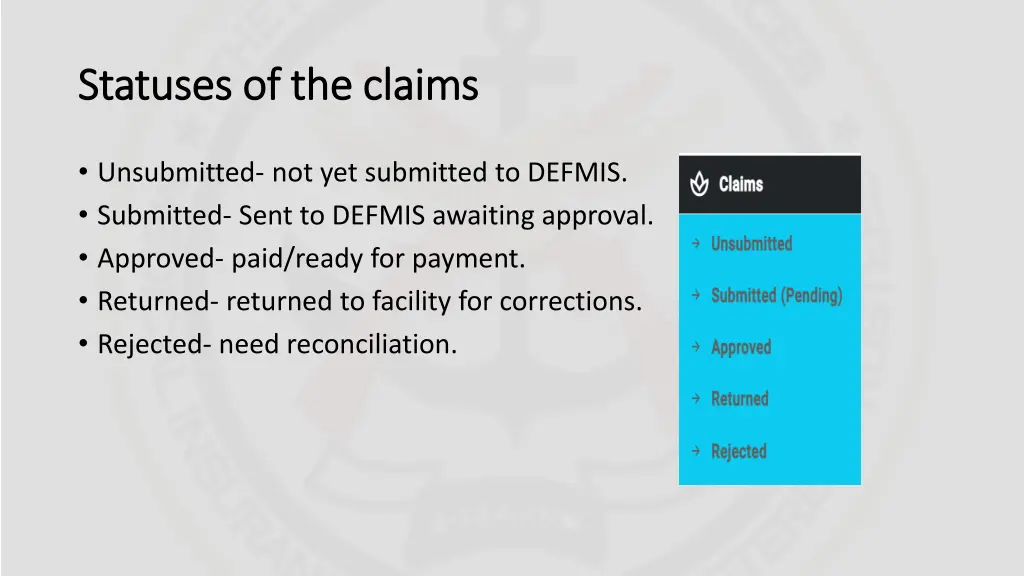 statuses of the claims statuses of the claims