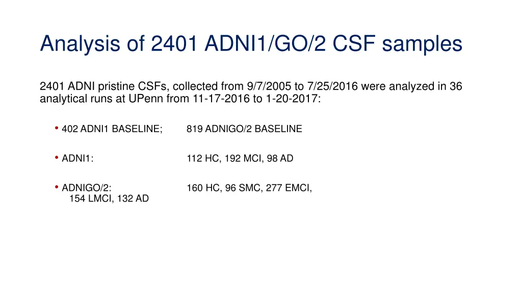 analysis of 2401 adni1 go 2 csf samples