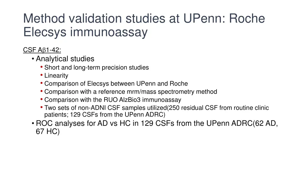 method validation studies at upenn roche elecsys