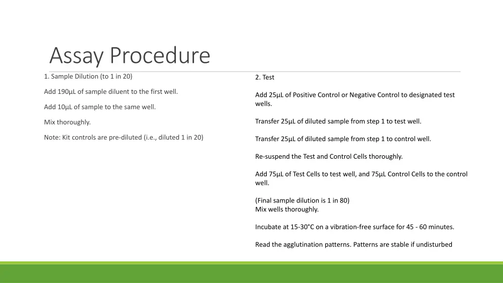 assay procedure 1 sample dilution to 1 in 20