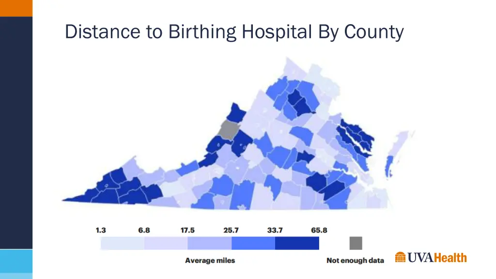 distance to birthing hospital by county