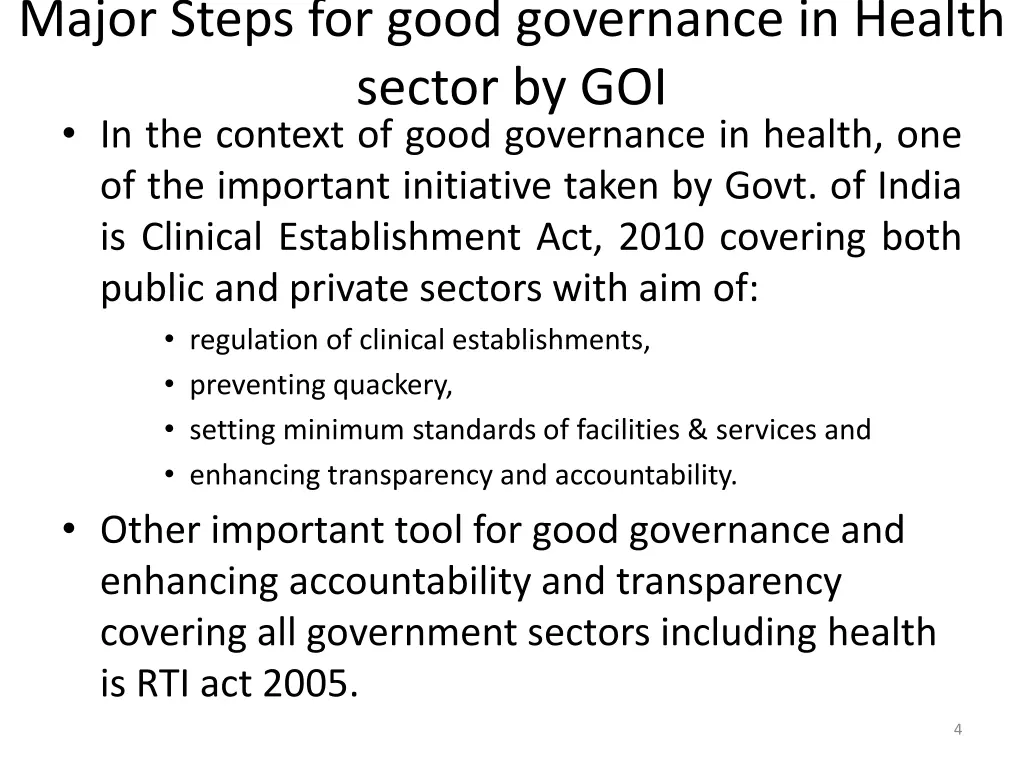 major steps for good governance in health sector