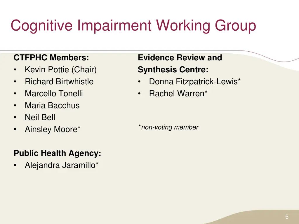 cognitive impairment working group