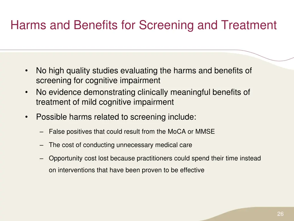 harms and benefits for screening and treatment
