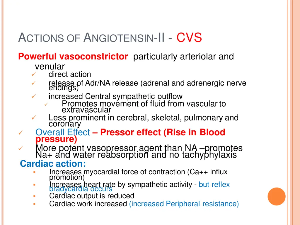 a ctions of a ngiotensin ii cvs