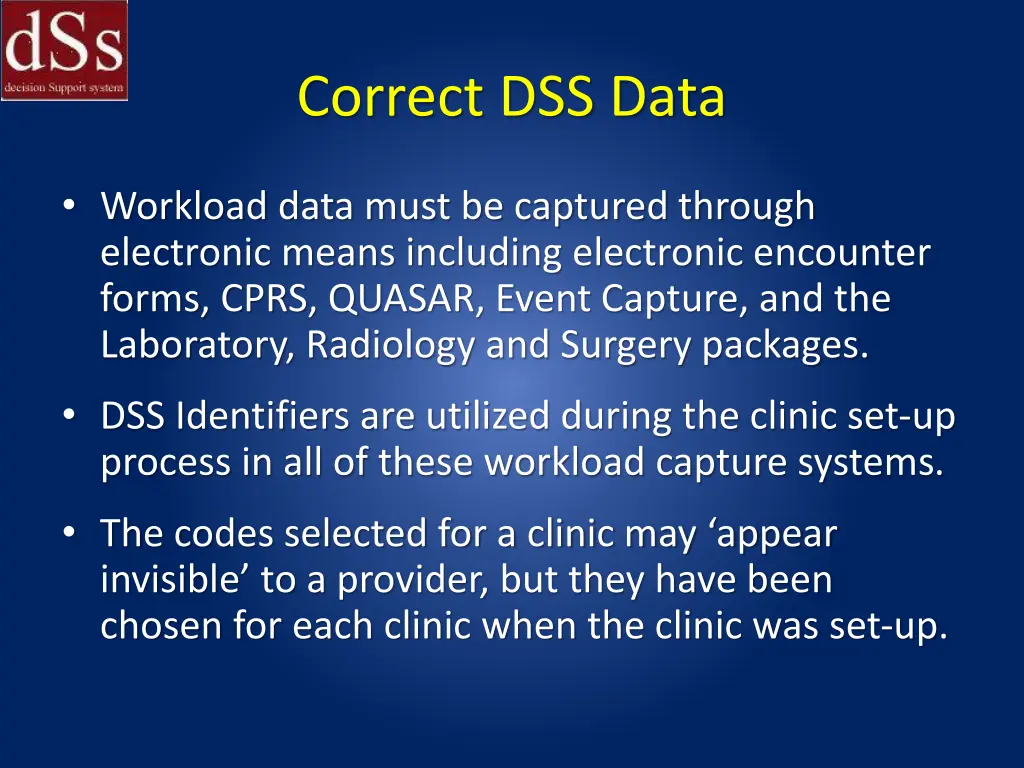 correct dss data