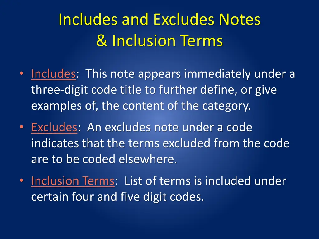 includes and excludes notes inclusion terms
