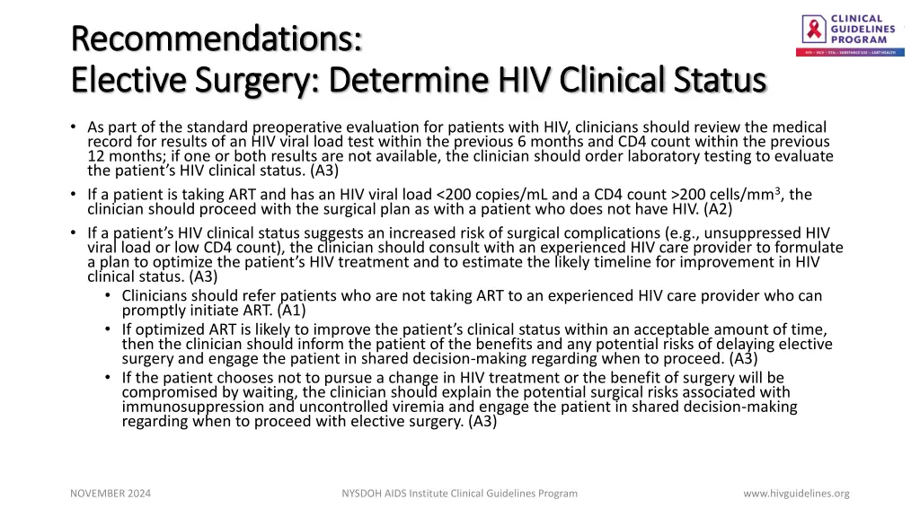 recommendations recommendations elective surgery