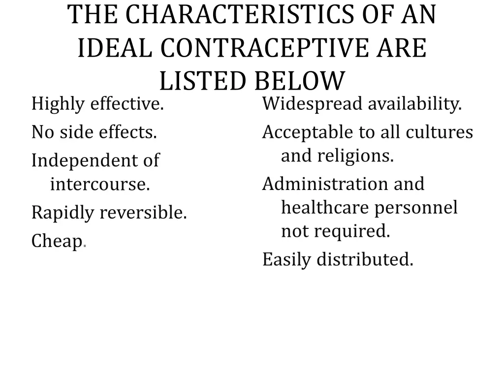the characteristics of an ideal contraceptive