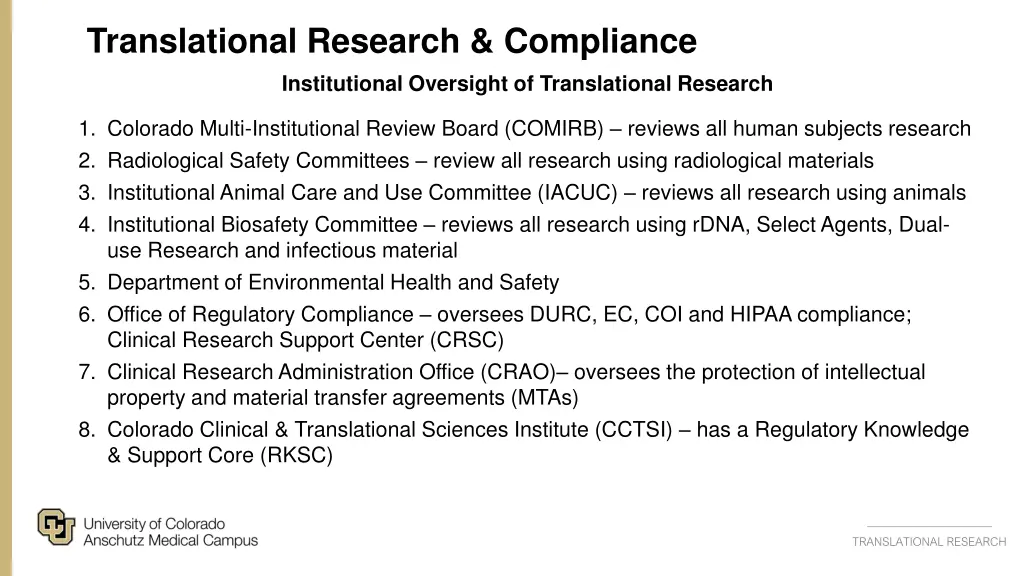 translational research compliance institutional