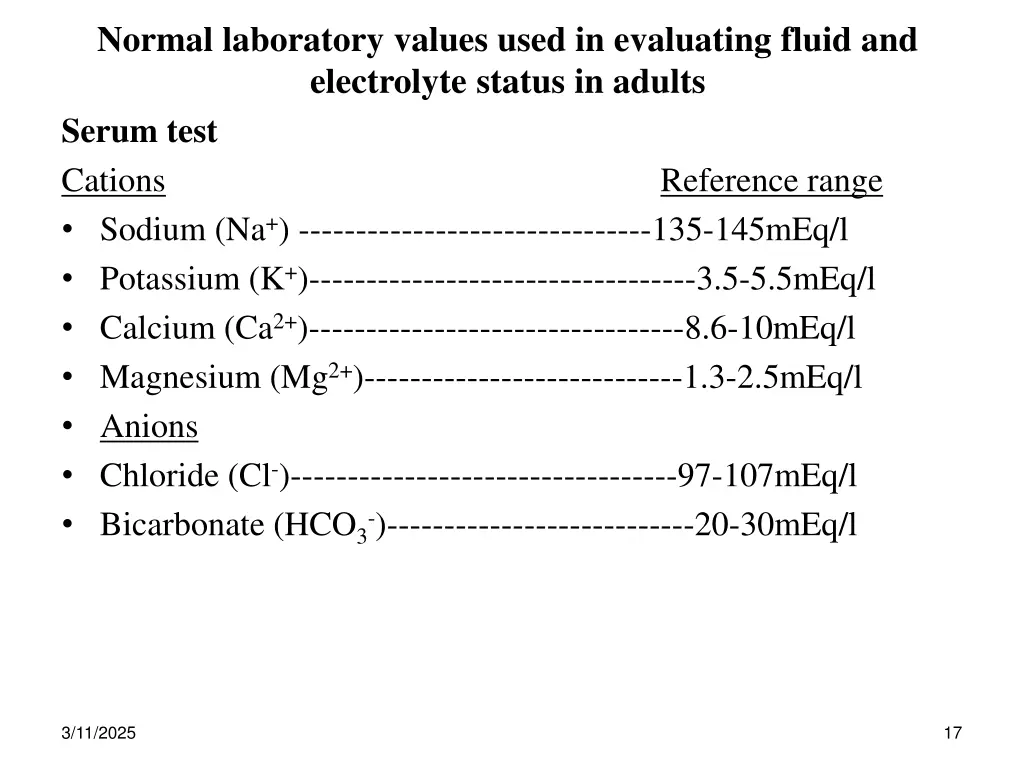 normal laboratory values used in evaluating fluid