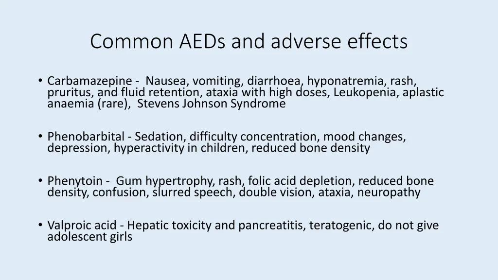 common aeds and adverse effects