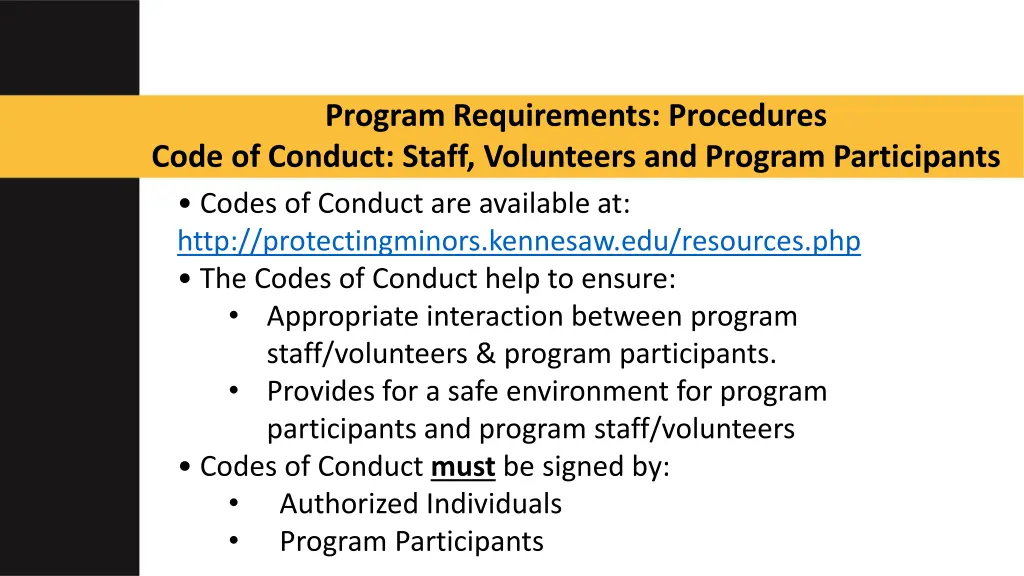 program requirements procedures code of conduct