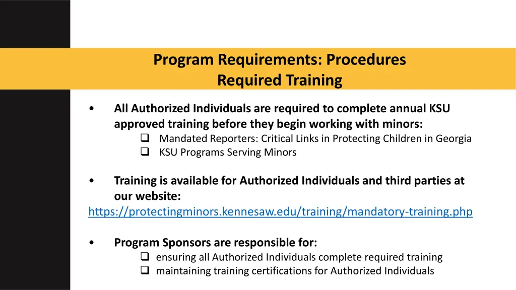 program requirements procedures required training