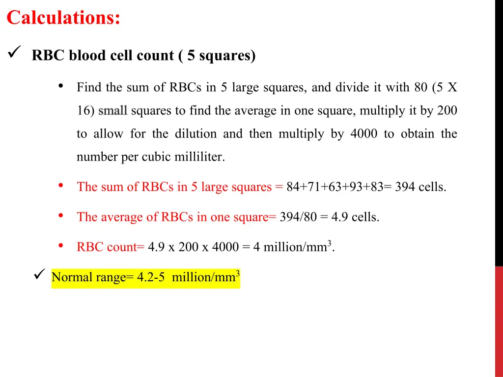 calculations rbc blood cell count 5 squares find