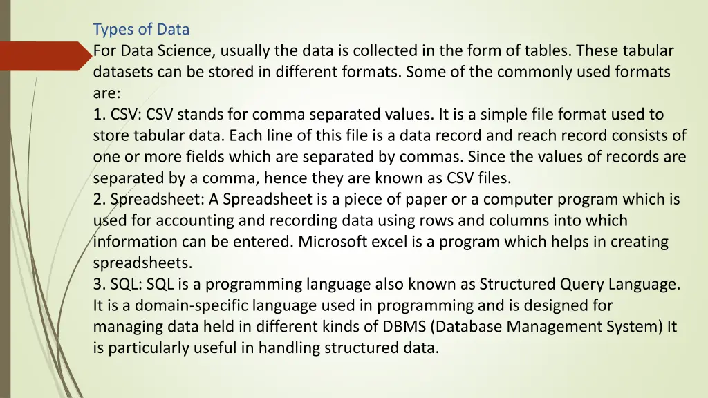 types of data for data science usually the data