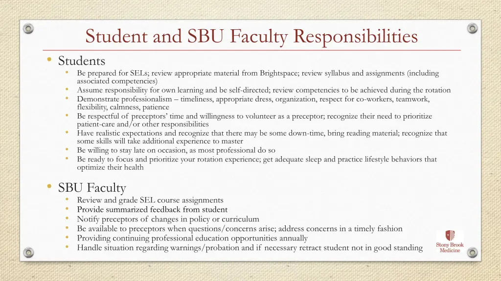 student and sbu faculty responsibilities students