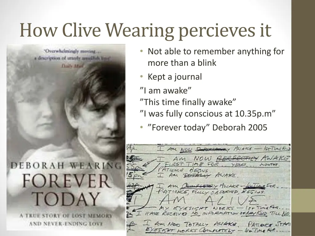 how clive wearing percieves it not able