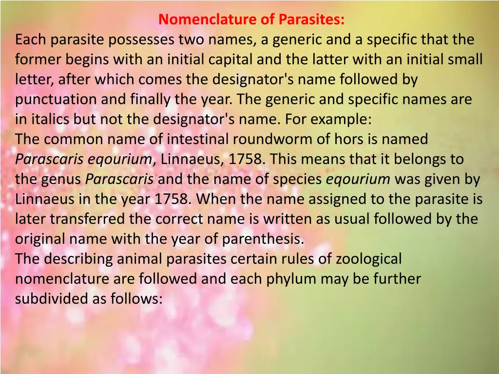 nomenclature of parasites
