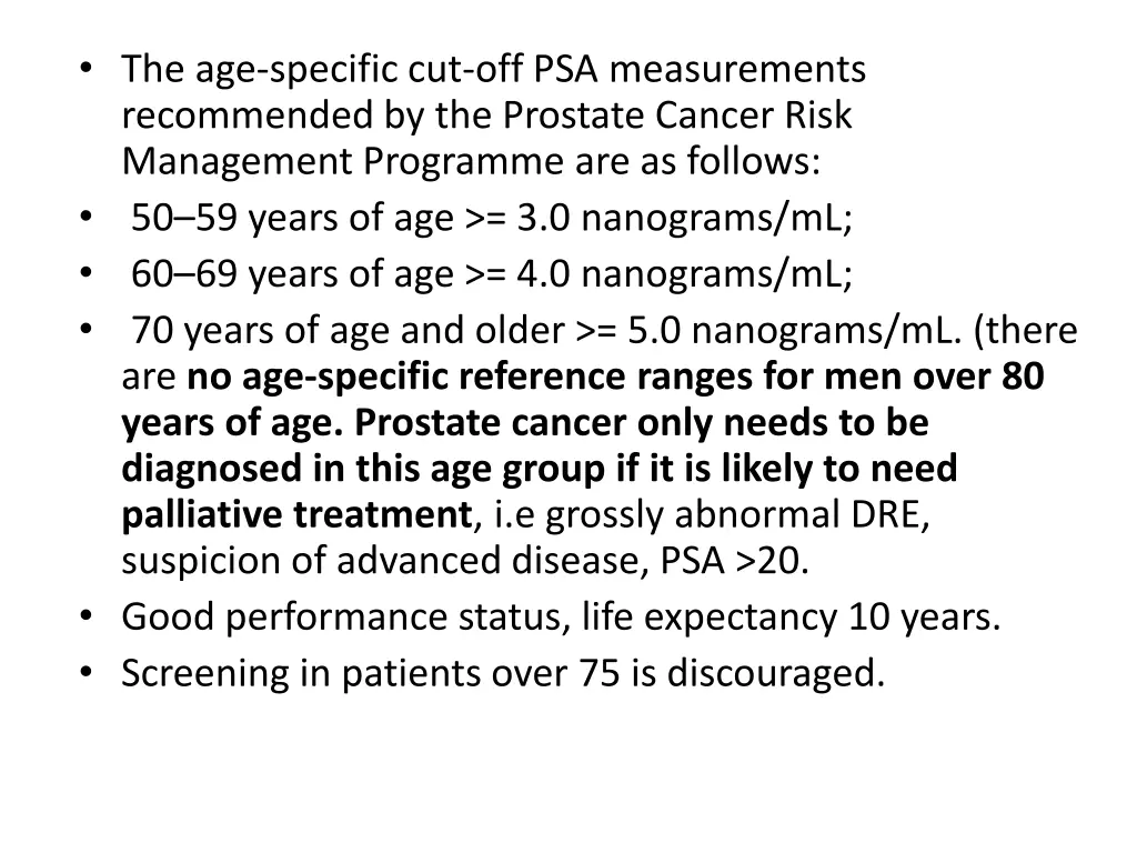 the age specific cut off psa measurements