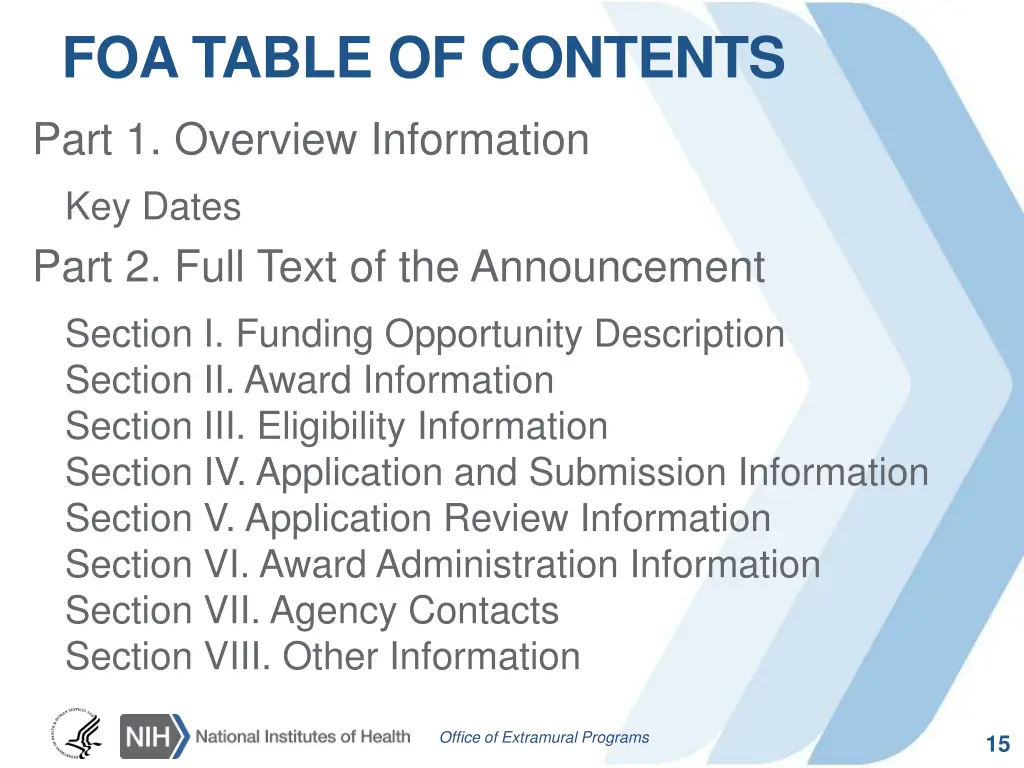 foa table of contents part 1 overview information