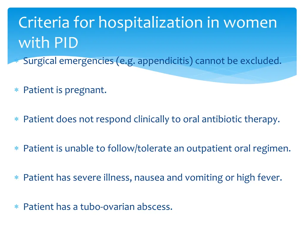 criteria for hospitalization in women with pid