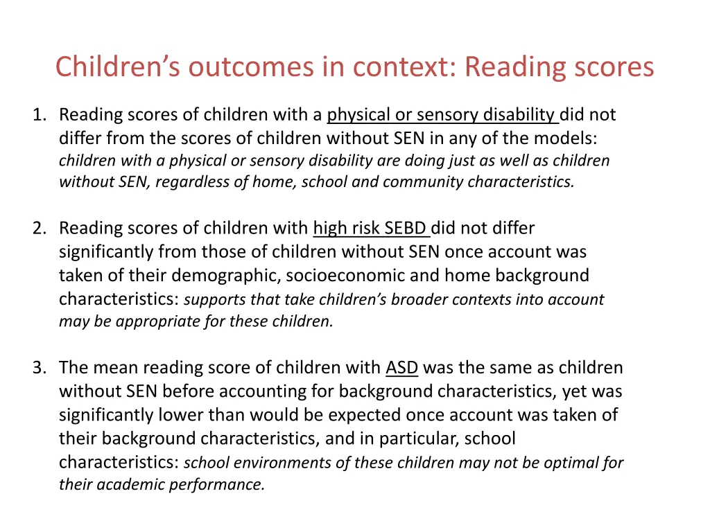 children s outcomes in context reading scores