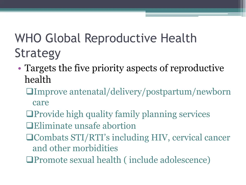 who global reproductive health strategy targets