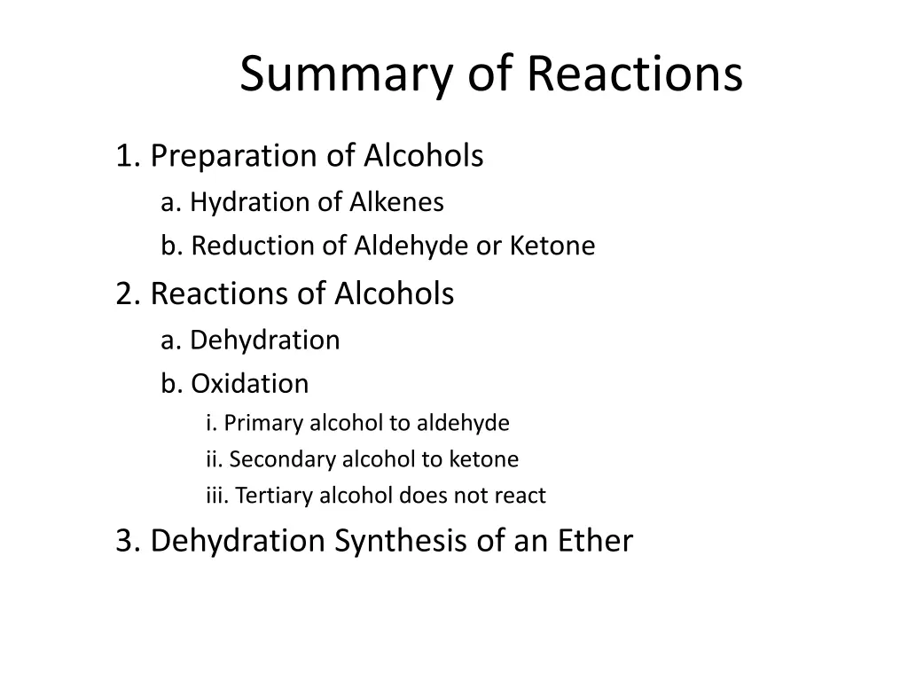 summary of reactions