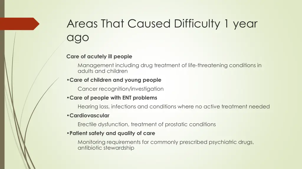 areas that caused difficulty 1 year ago