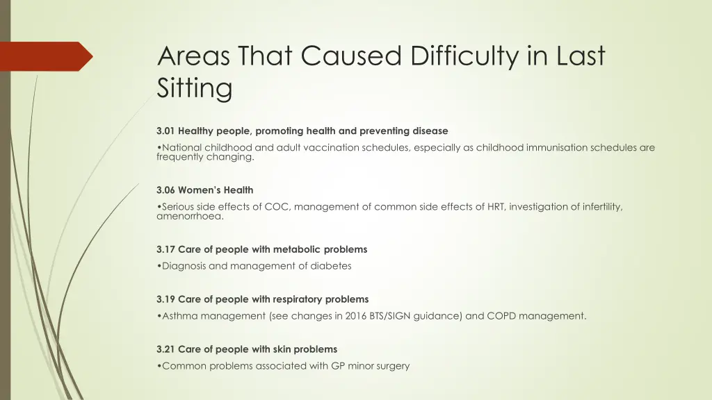 areas that caused difficulty in last sitting