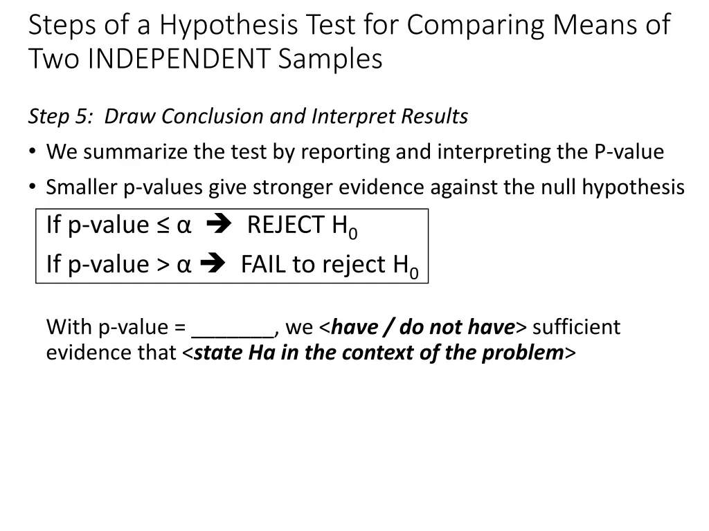 steps of a hypothesis test for comparing means
