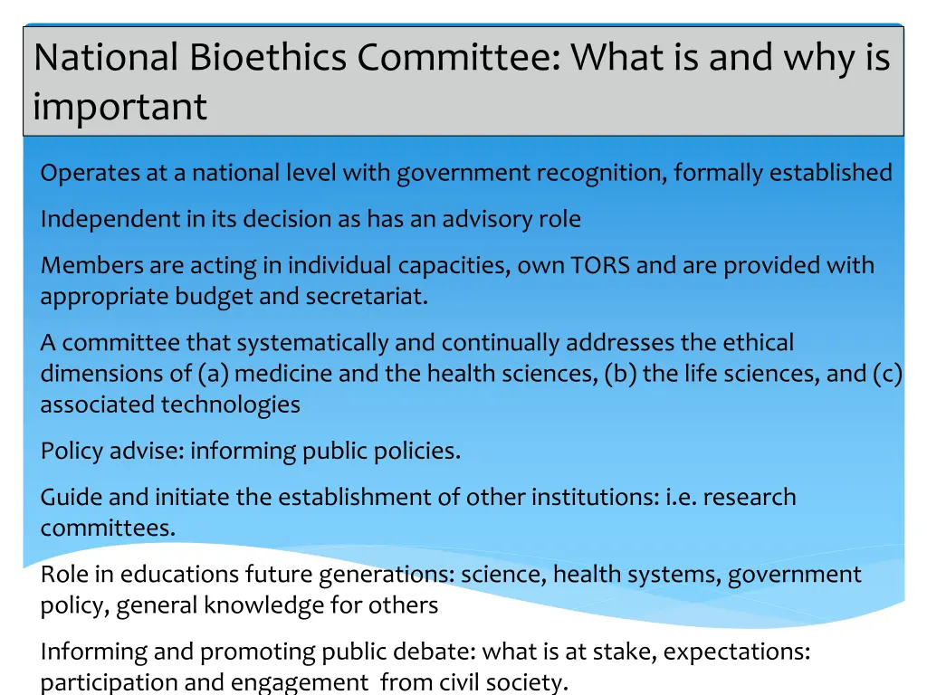 national bioethics committee what