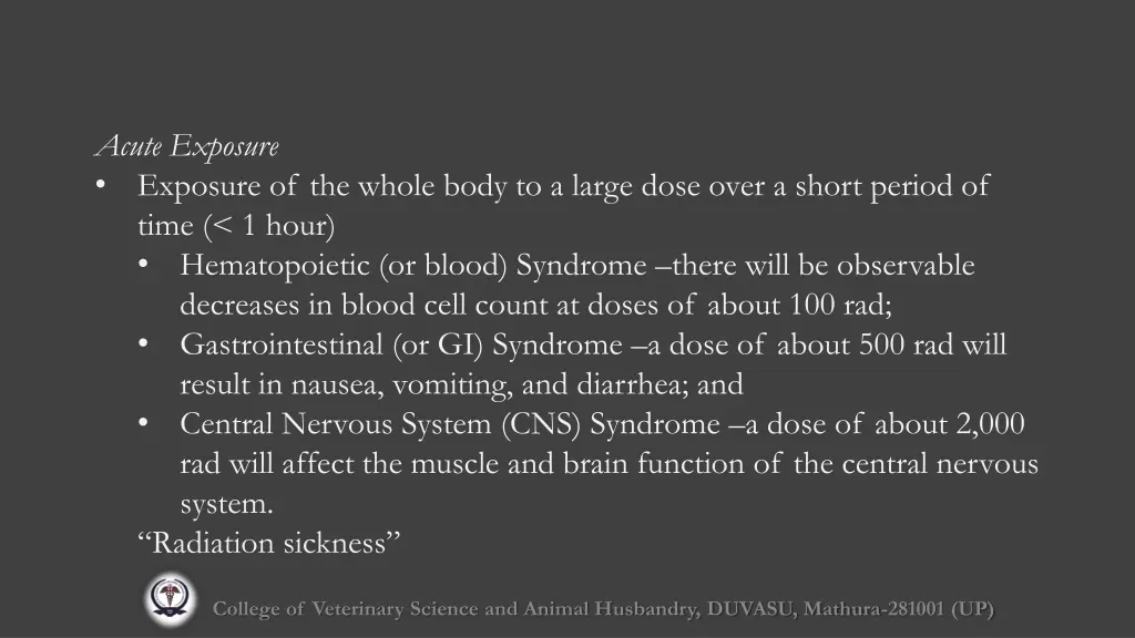 acute exposure exposure of the whole body