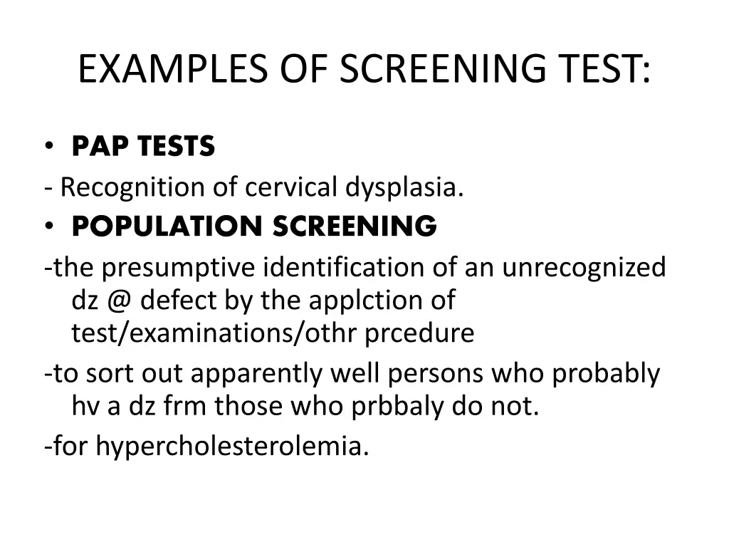 examples of screening test