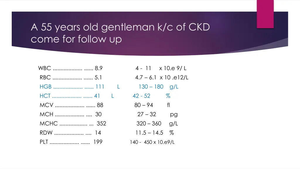 a 55 years old gentleman k c of ckd come