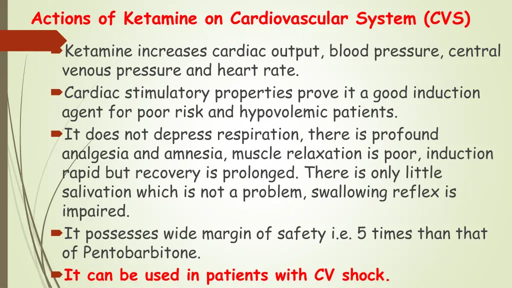 actions of ketamine on cardiovascular system cvs