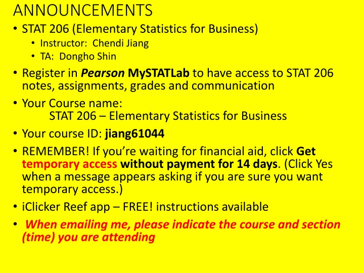 announcements stat 206 elementary statistics