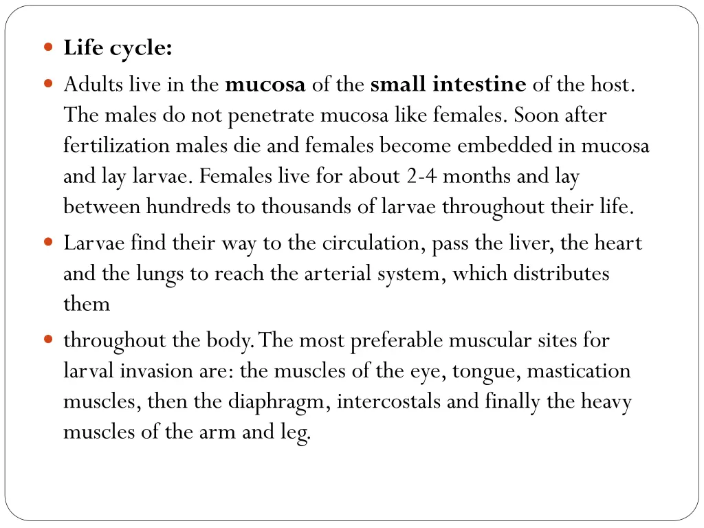 life cycle adults live in the mucosa of the small